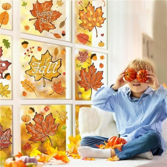 8 Sheets Thanksgiving Fall Window Clings, Maple Leaves Pine Cones Oil Painting - Picture 6 of 7